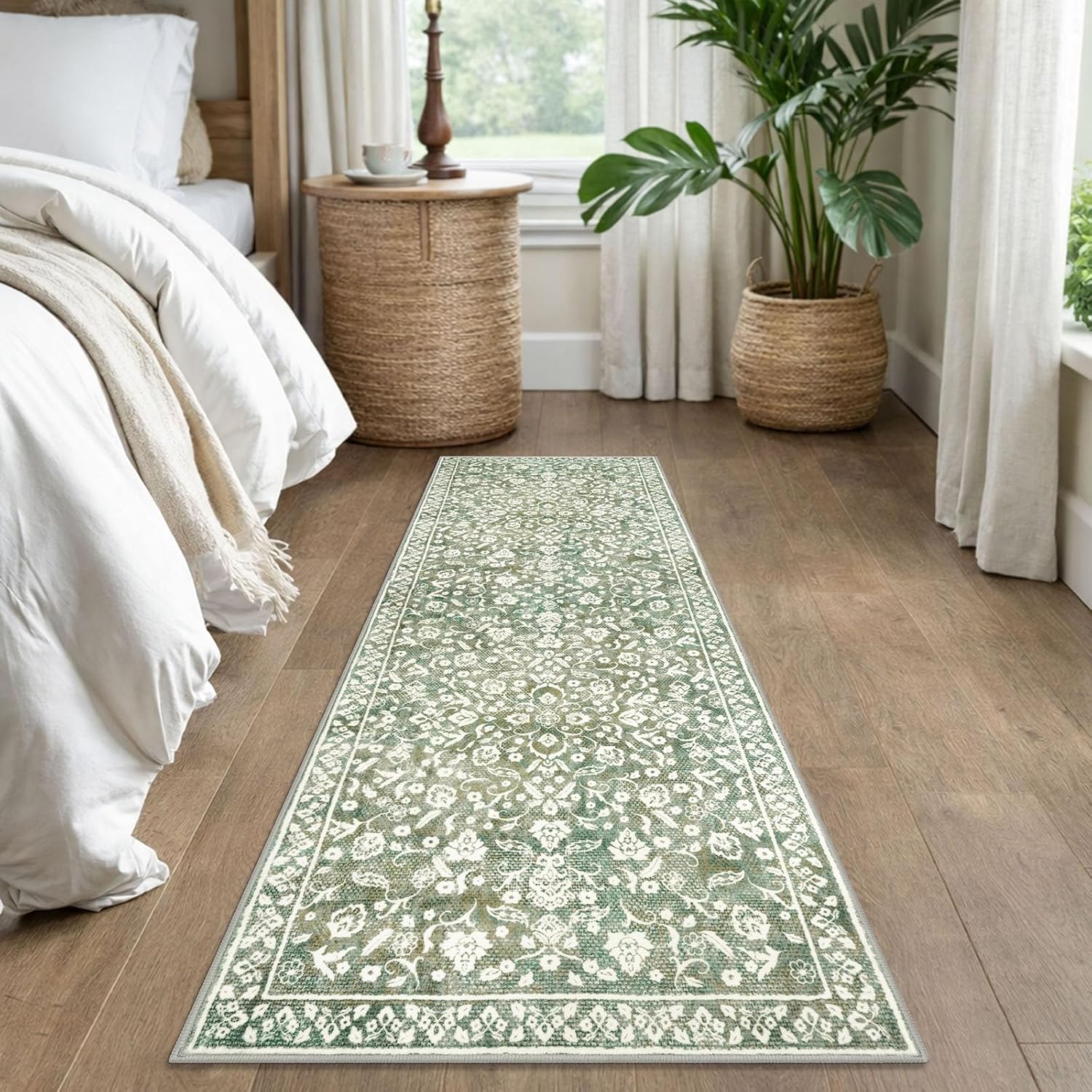 Vintage Washable Runner Rug 2x6, Sage Green Beige Runners for hallways, Super Soft Kitchen Runner Rug Non Slip, Printed Faux Wool Floral Thin Carpet Runner for Entryway Laundry Room Bedroom