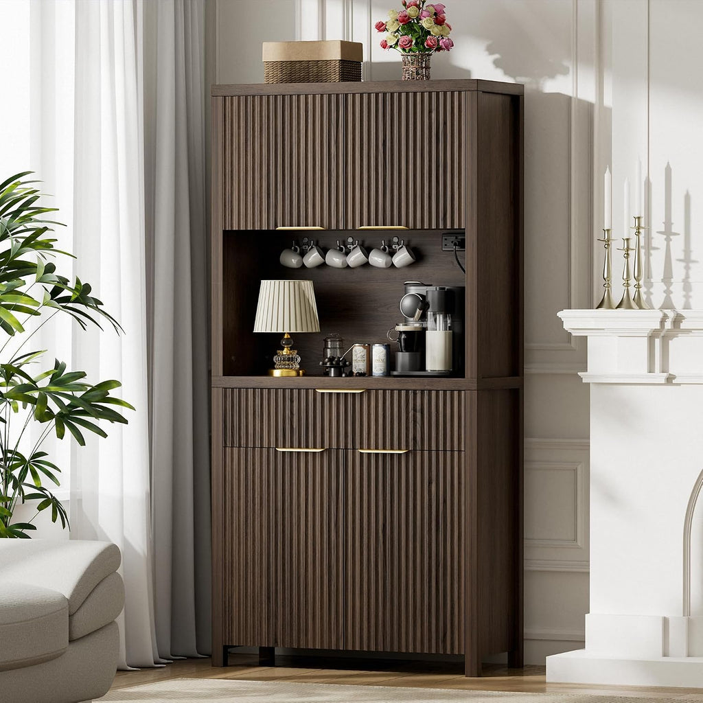Lulive 71" Fluted Pantry Cabinet with Charging Station & Adjustable Shelves, Spacious Kitchen Storage Cabinet with Open Countertop & Drawer for Dining Room, Living Room, Brown