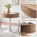 31.5" Round Fluted Pedestal Table for 2-4, Oak Circle Kitchen Dinner Table with Hidden Storage, 31''H Small Tulip Breakfast Desk with Sliding Doors, Metal Base for Kitchen, Cafe, Patio, Courtyard