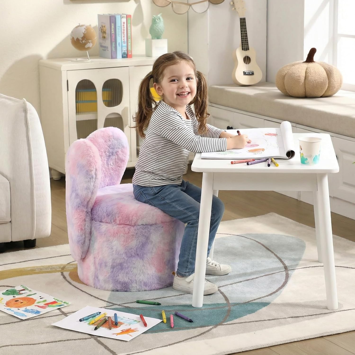 Kids Desk Chairs, Toddler Chairs Comfy Faux Fur Kids Storage Ottoman, 2 in 1 Children Stool with Storage, Butterfly Chair for Kids Girls Gifts, Storage Stool for Bedroom/Loving Room, Purple
