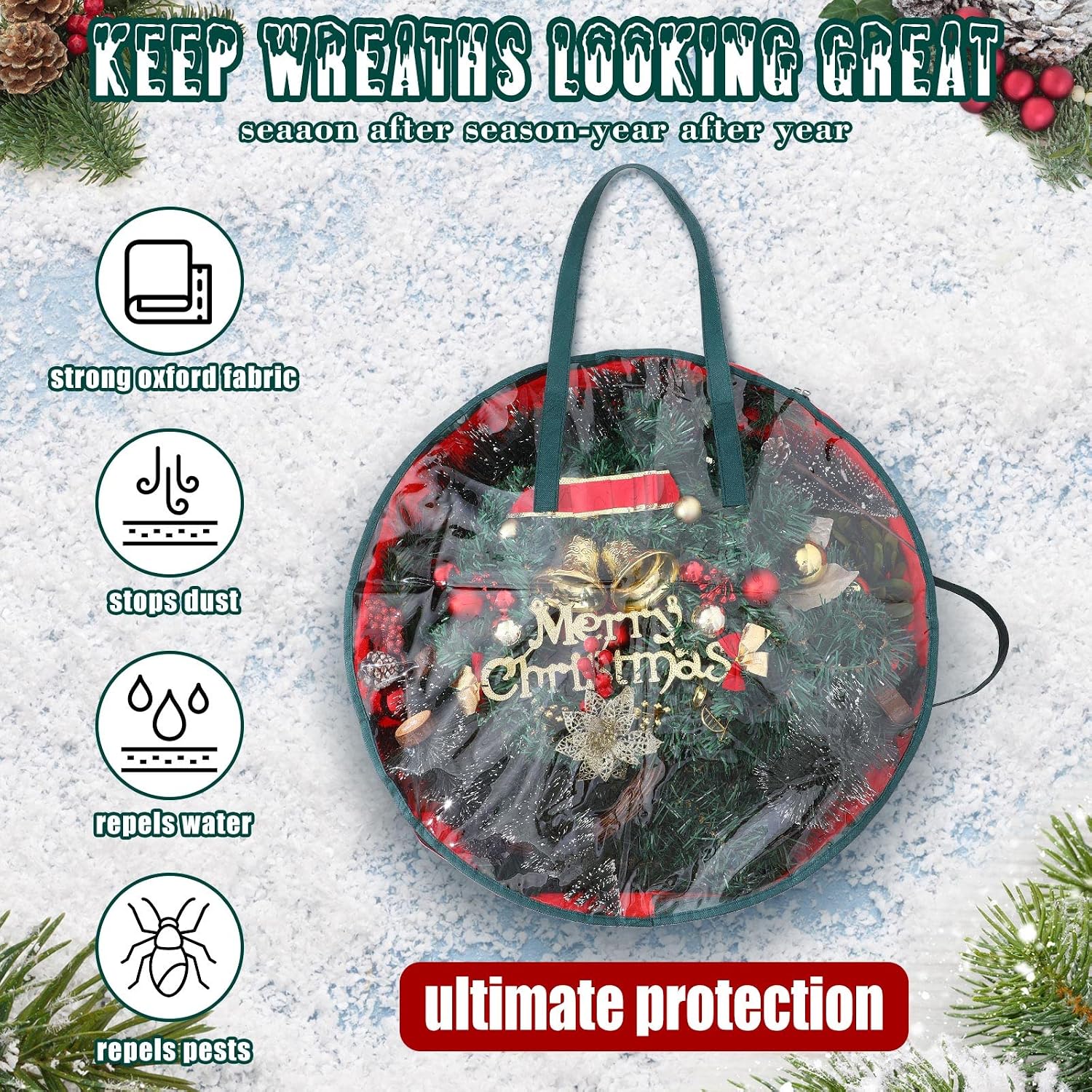 Shappy 4 Pcs Red Wreath Storage Bag Clear Wreath Box Storage Containers with Clear Window and Handle Garland Containers for Holiday Seasonal Bags (24 Inch)