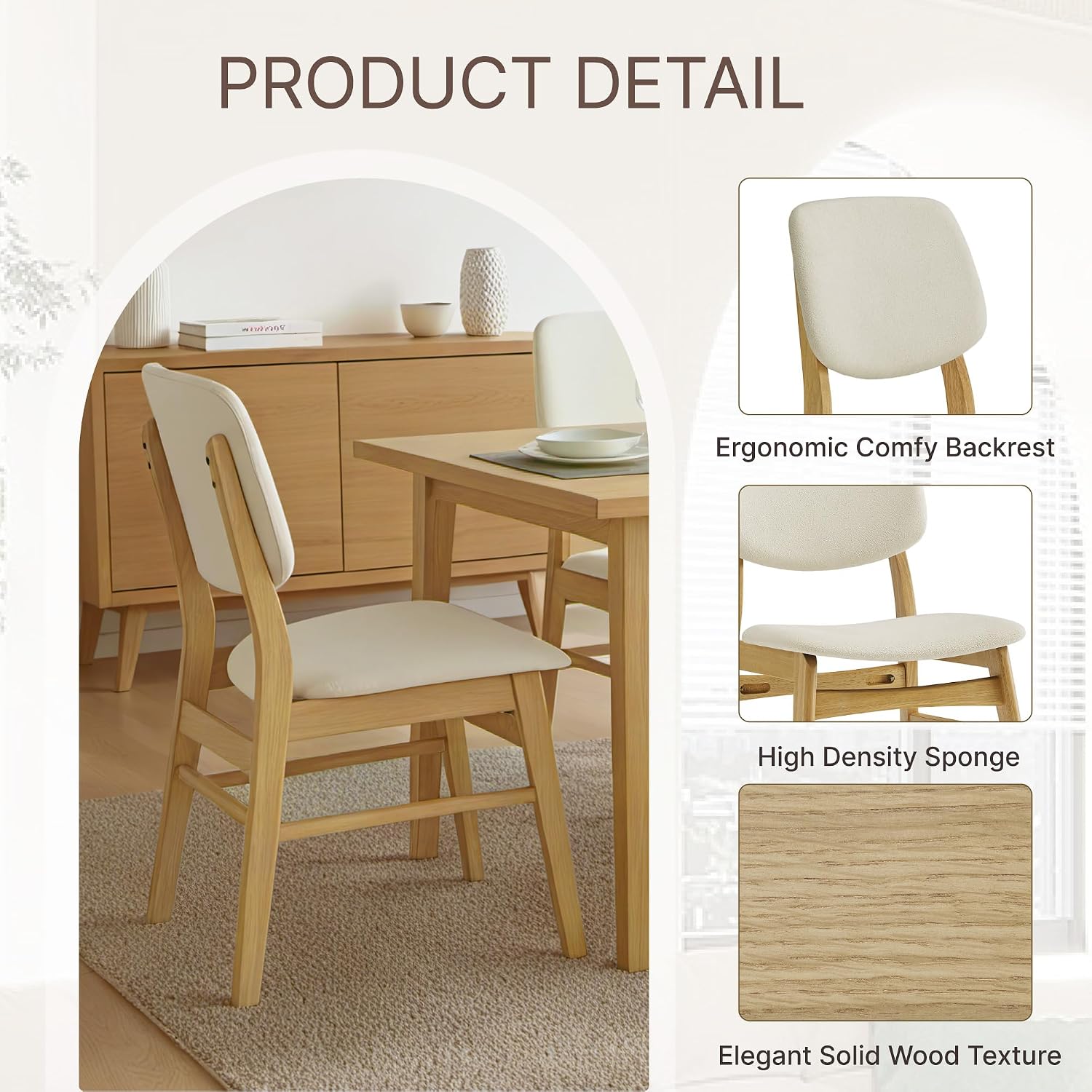 KISLOT Wooden Dining Chairs Set of 4, Upholstered Modern Dining Room Chairs, Mid Century Solid Oak Wood Kitchen Chairs for Farmhouse, Restaurant, Café (Cream Fabric & Original Color)