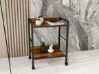 2-Tier Rolling Utility Cart Night Stand Organizer with Brown Wood Shelves and Black Metal Frame, End Side Table Storage Trolley on Wheels for Kitchen Office, Bathroom, Living Room