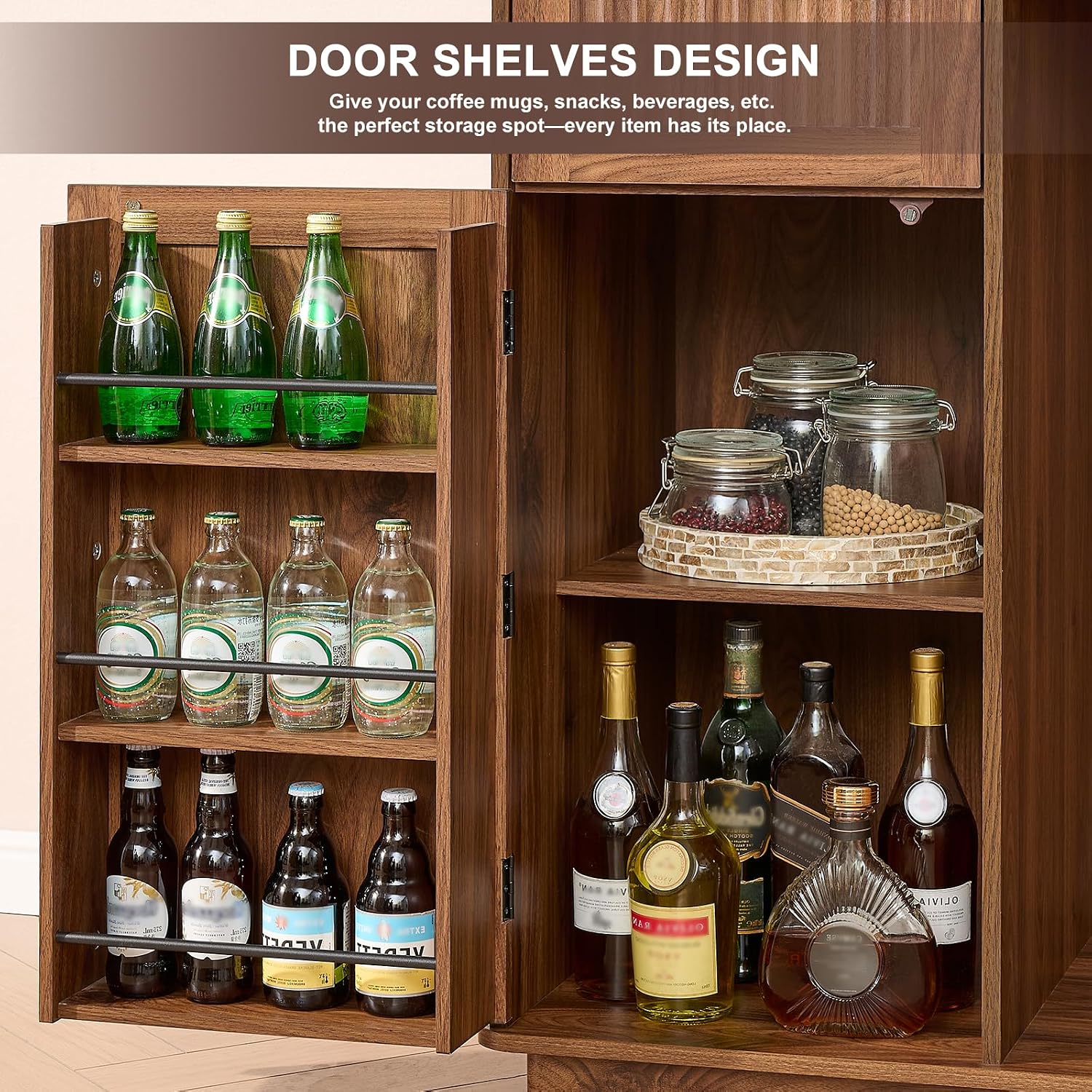 Okvnbjk Mini Fridge Cabinet with Storage & Power Outlet, Walnut | Coffee Bar Cabinet with Fridge Space, Fluted Bar Cabinet for Living Room, Dining Room, Dorm