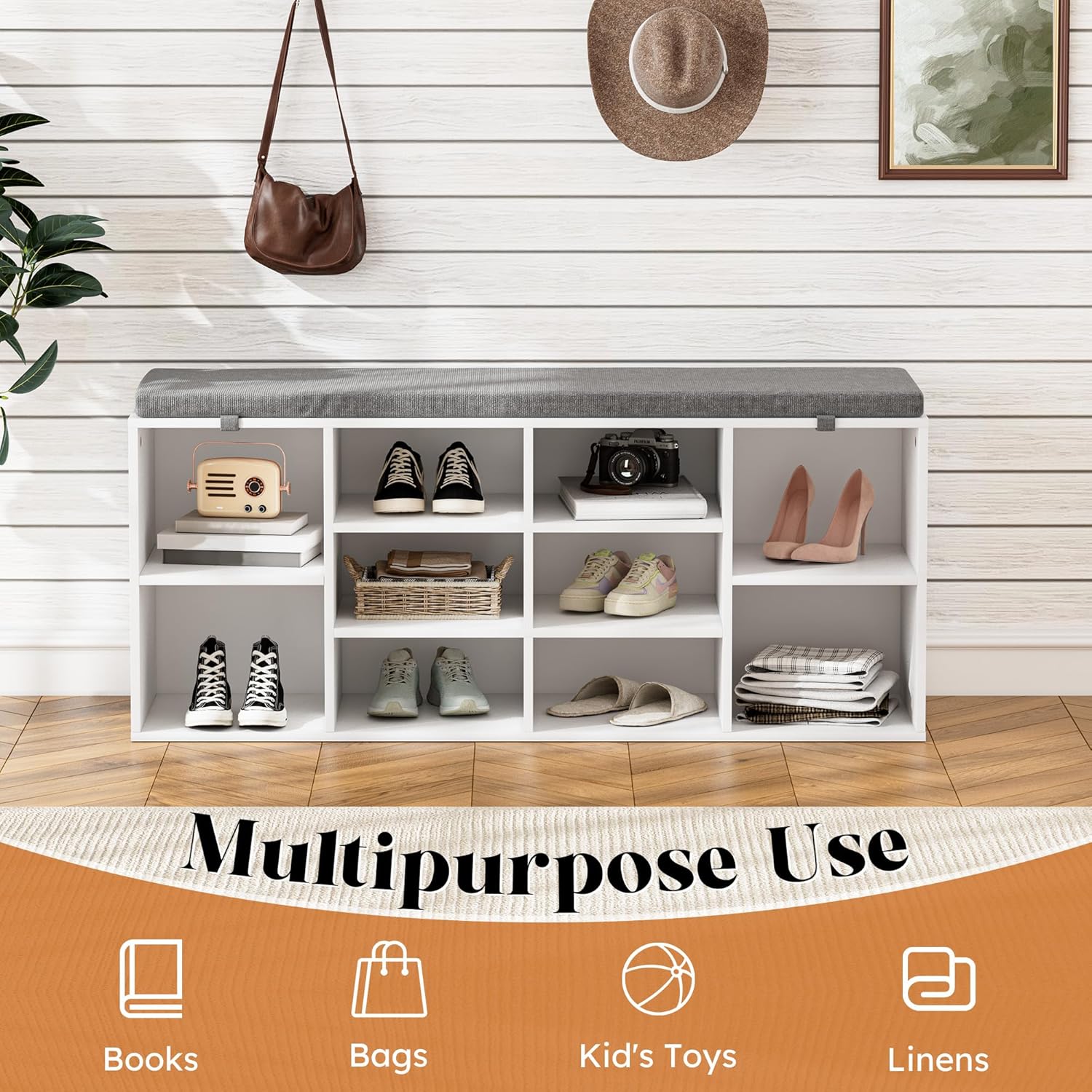 Shoe Storage Bench with Cushion, 41'' Long Entryway Bench with 10 Compartments Shoe Rack, Multifunctional Cubby Storage Organizer for Living Room, Hallway, Bedroom and Closet, White