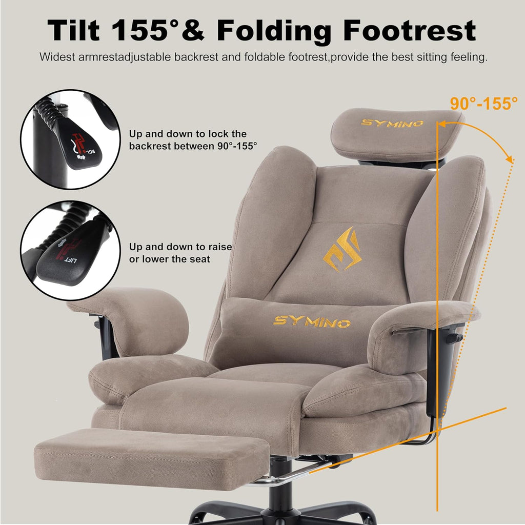 Symino Gaming Chair with Foot Rest, Unique Up/Down Armrests, Twill Fabric Ergonomic High Back Chair, 150° Recline Solid Color Computer Desk Chair, Light Coffee