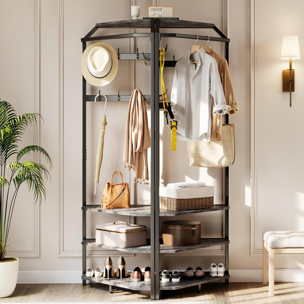 IDEALHOUSE Corner Coat Rack with Shoe Bench Entryway and 12 Double Hooks, Corner Hall Tree - Corner Clothes Rack with Storage Corner Tree with Organizer Shoe Bench Shelf for Entryway, Hallway, Closet