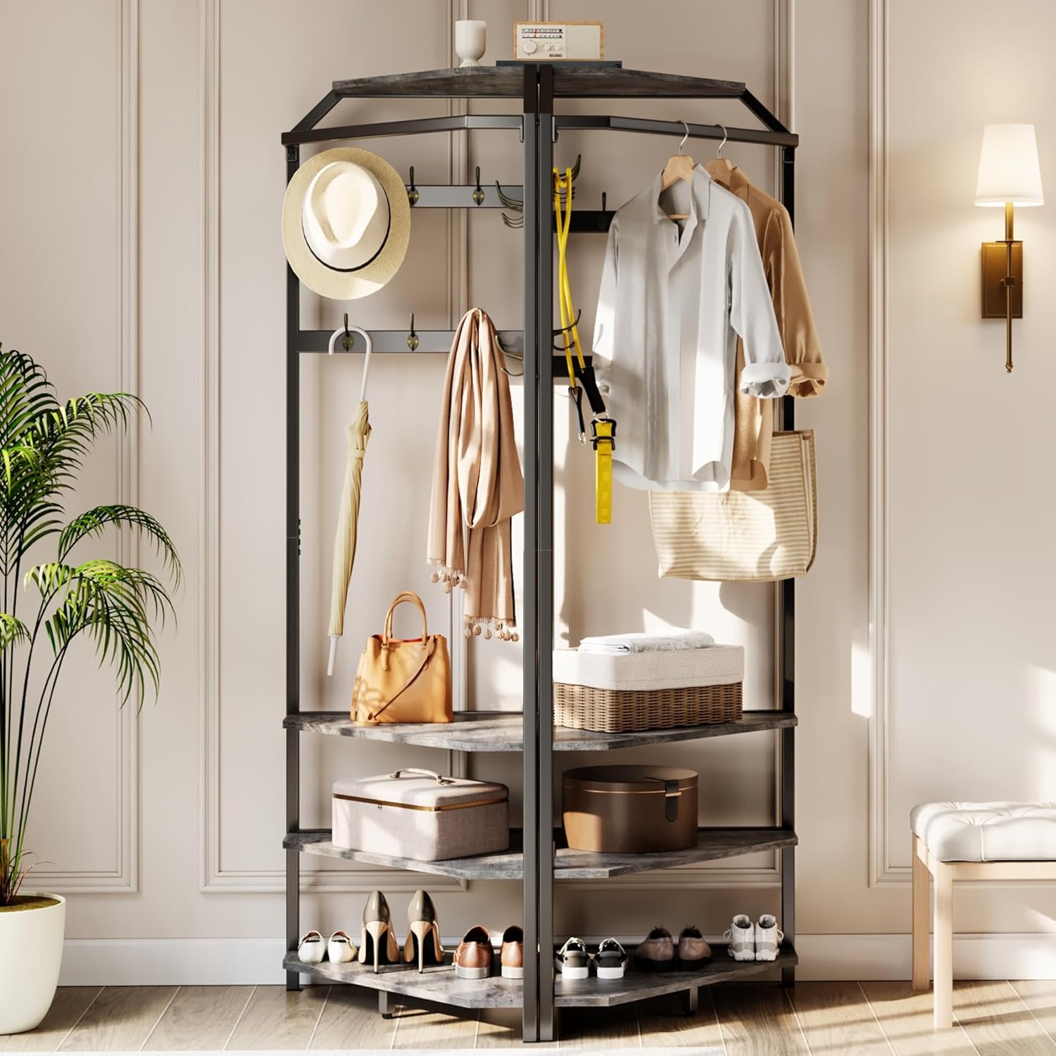 IDEALHOUSE Corner Coat Rack with Shoe Bench Entryway and 12 Double Hooks, Corner Hall Tree - Corner Clothes Rack with Storage Corner Tree with Organizer Shoe Bench Shelf for Entryway, Hallway, Closet