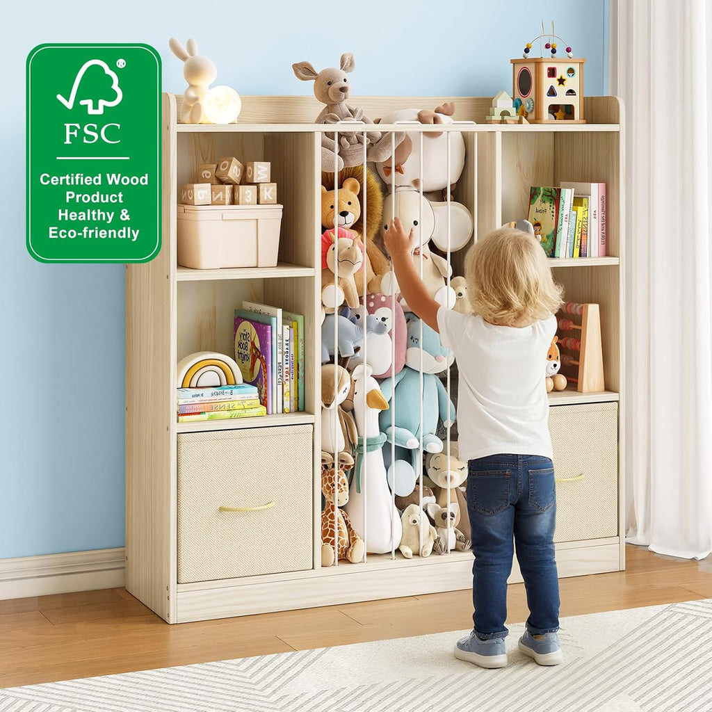 EXPERLAM 4-in-1 Toy Storage Organizer with Stuffed Animal Storage, Solid Pine Kids Bookshelf and Toy Shelf, 6 Cube Shelf with 2 Removable Drawers, Stuffed Animal Zoo for Kids Room, Playroom, Nursery