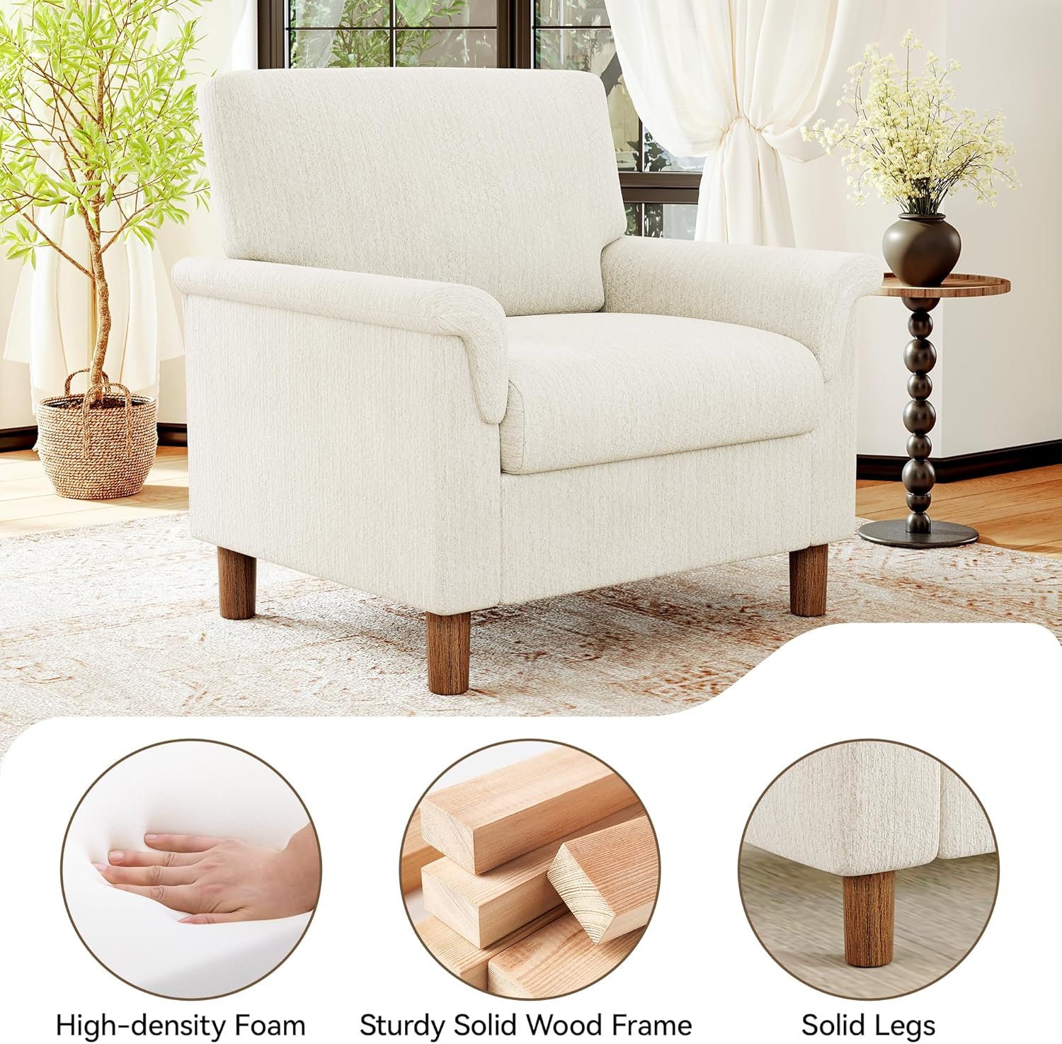 Mid Century Modern Accent Chair,Chenille Comfy Living Room Arm Chairs,Bedroom Reading Chair with Widen Arm Rest,Cozy Single Sofa Corner Side Chair,Easy Assembly Required,Beige