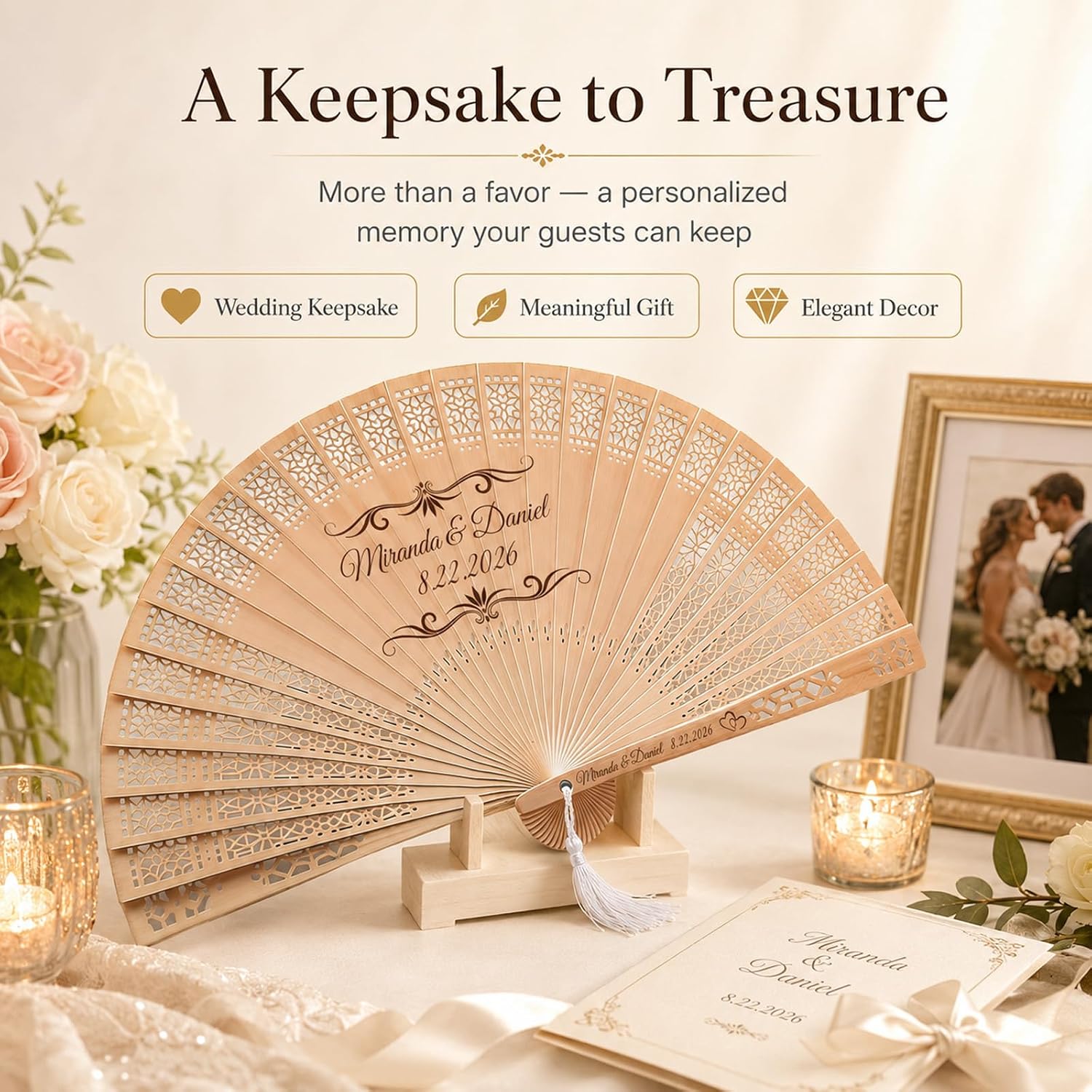 Personalized Wedding Fans for Guests, Custom Wooden Folding Hand Fans Bulk, Engraved Sandalwood Handheld Fans with Organza Bags & Tassels, Party, Bridal & Birthday Shower Favors (30PCS)