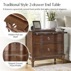 Traditional Solid Wood End Table with Charging Station, USB & Type C Ports, Curved Side Table with 2 Drawers & Pull-Out Tray, Accent Living Room Beside Tables, Walnut