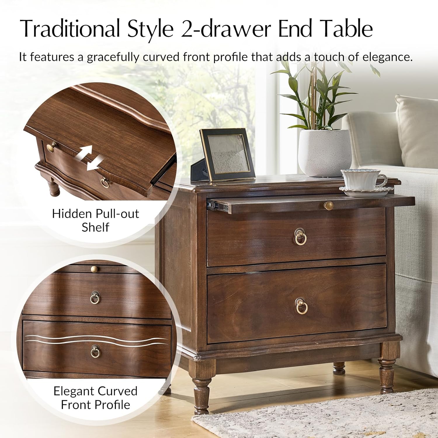 Traditional Solid Wood End Table with Charging Station, USB & Type C Ports, Curved Side Table with 2 Drawers & Pull-Out Tray, Accent Living Room Beside Tables, Walnut