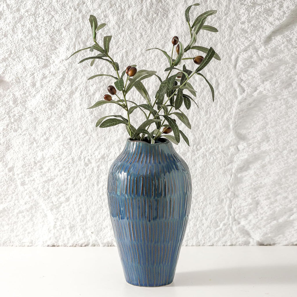 Blue Ceramic Vase for Home Decor,11.6 Inch Flower Vase，Decorative Vases for Pampas Grass，Modern Art Texture Vases for Home Entryway Living Room Dining Table Farmhouse Office Decor-Blue