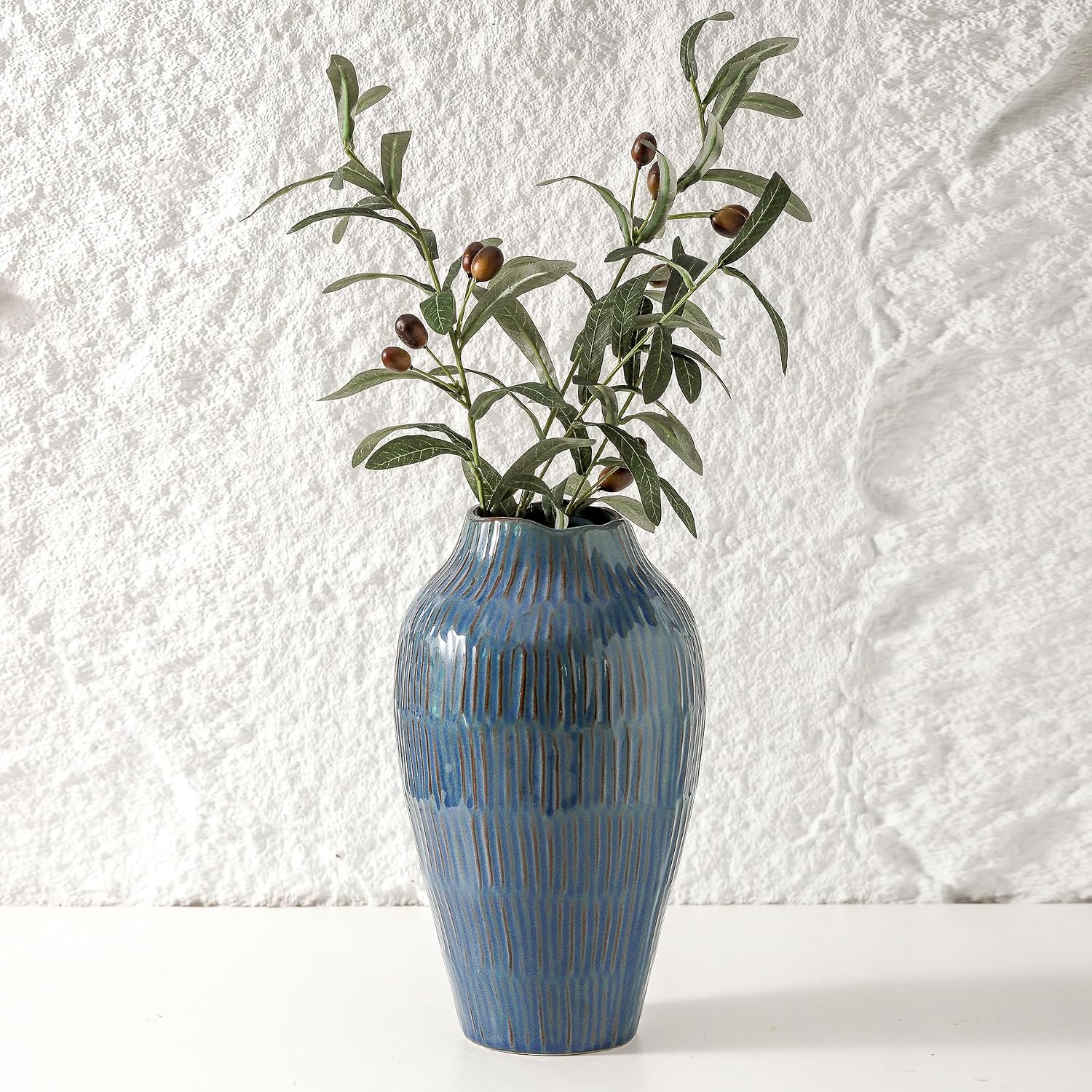 Blue Ceramic Vase for Home Decor,11.6 Inch Flower Vase，Decorative Vases for Pampas Grass，Modern Art Texture Vases for Home Entryway Living Room Dining Table Farmhouse Office Decor-Blue