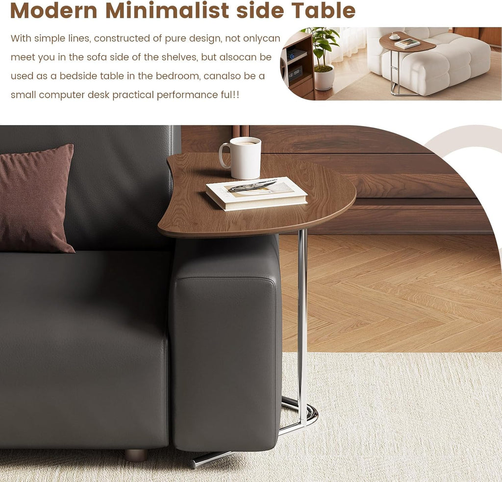 Half Round End Table, 24" Small Half-Moon Side Table for Small Spaces, Metal Frame Wood Accent C Table for Couch & Living Room, Easy Assembly, Walnut