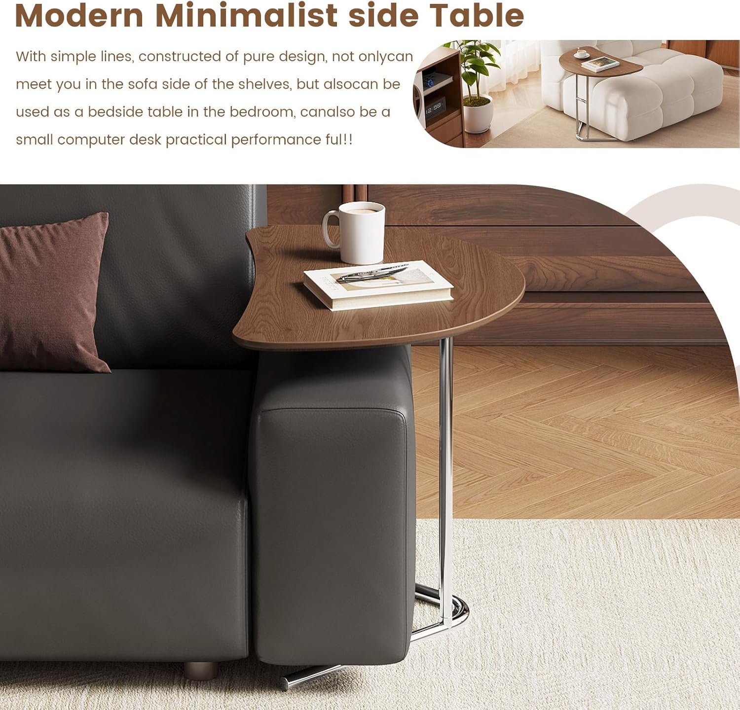 Half Round End Table, 24" Small Half-Moon Side Table for Small Spaces, Metal Frame Wood Accent C Table for Couch & Living Room, Easy Assembly, Walnut