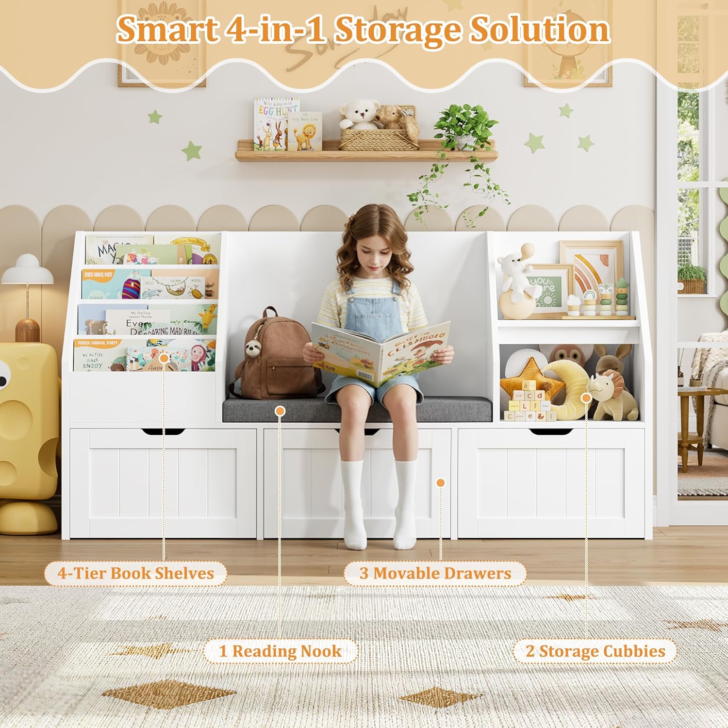FOTOSOK 55.1’’ Kids Bookshelf with Reading Nook, Toy Storage Organizer with Seat Cushion and 3 Movable Drawers, Kids Reading Nook Toy Organizers and Storage with Bench for Playroom, Bedroom, White