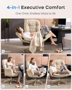 LukkDys Executive Office Chair, Big & Tall 400 lbs Capacity, Wide Seat, PU Leather, 5-Gear Lay-Flat Armrests (90°–180°) for Cross-Legged Comfort, 90–115° Recline, High Back Desk Chair, Beige