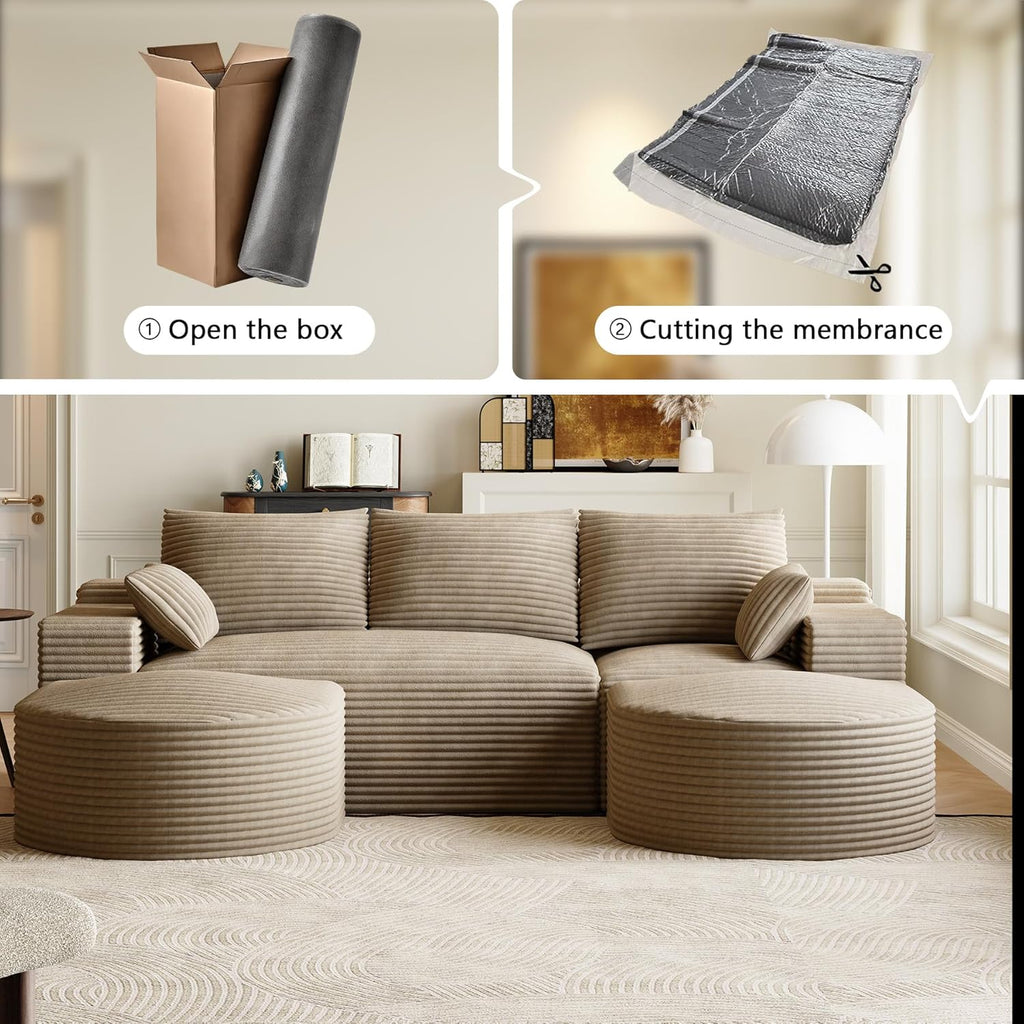 108" U-Shaped Boneless Couches for Living Room,Comfy Fluffy Cloud Sectional Couch with Curved Ottoman, Modern Plush Corduroy Deep Seat Modular Sectional Sofa for Small Spaces, Light Brown