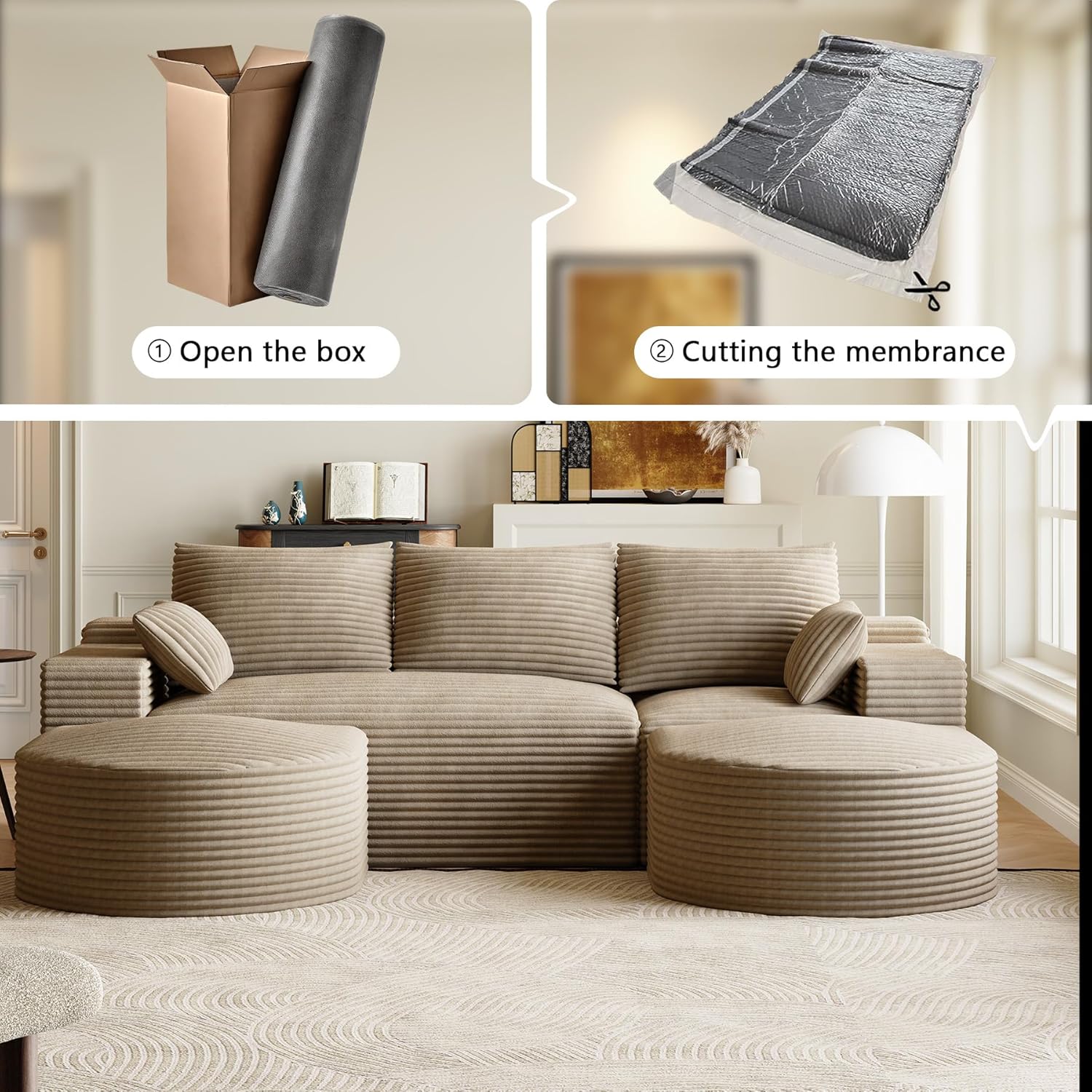 108" U-Shaped Boneless Couches for Living Room,Comfy Fluffy Cloud Sectional Couch with Curved Ottoman, Modern Plush Corduroy Deep Seat Modular Sectional Sofa for Small Spaces, Light Brown