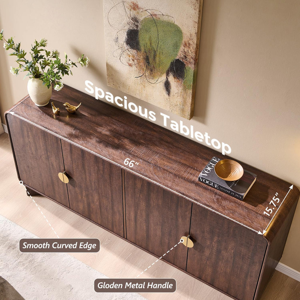 IFGET Modern Buffet Cabinet with Storage, 70" Large Sideboard Buffet Storage Cabinet with 4 Doors and Adjustable Shleves, Wooden Curved Coffee Bar for Dining Room, Kitchen, Living Room, Brown