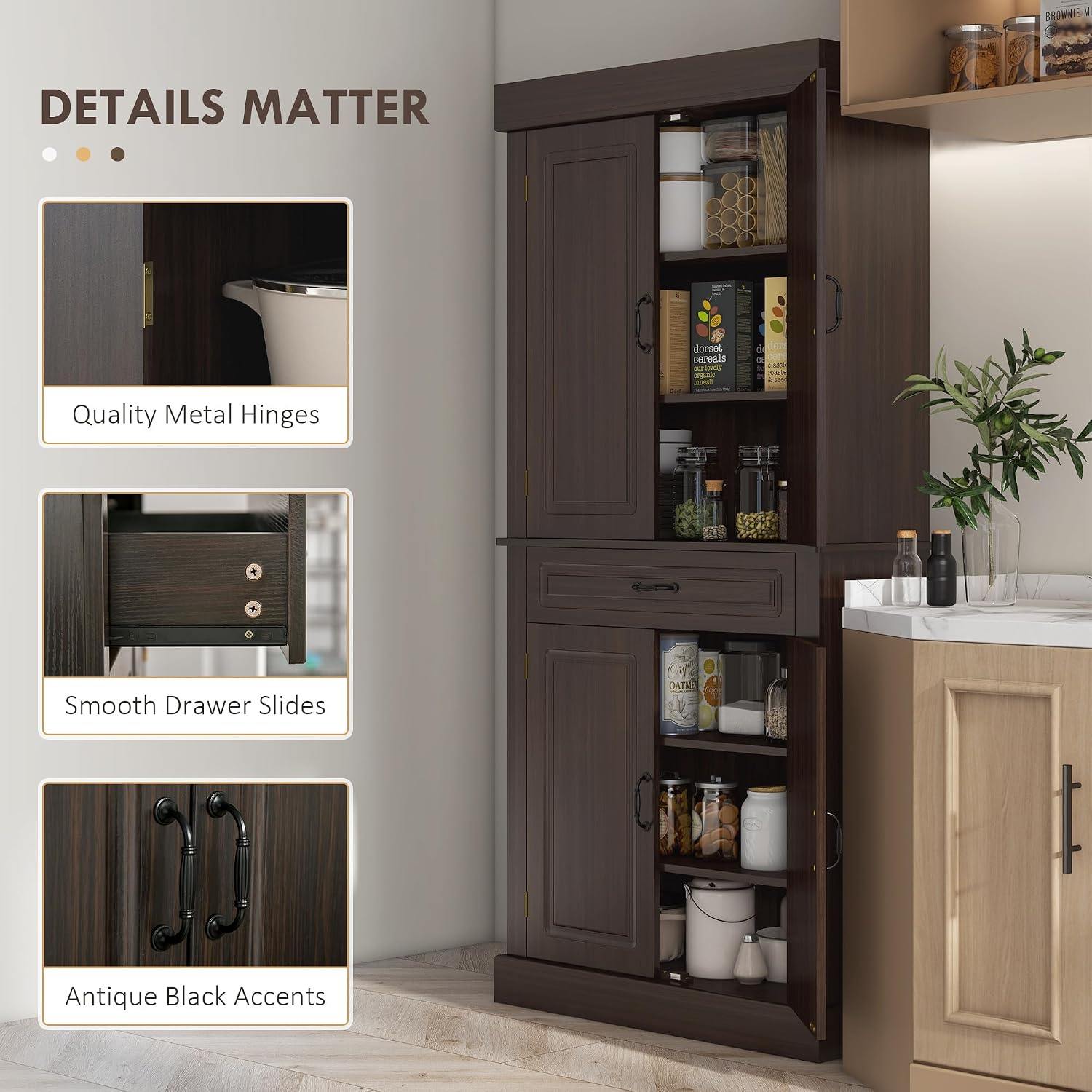 HOMCOM 71" Freestanding Kitchen Pantry Cabinet, Tall Storage Cabinet with 4 Doors and Drawer for Dining Room, Coffee