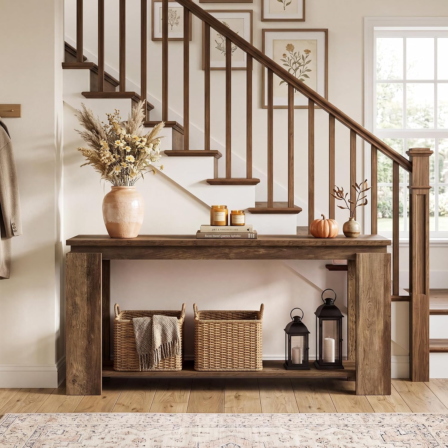 LITTLE TREE Long Entryway Table, 63-Inch Narrow Farmhouse Console Sofa Table for Behind Couch, Hallway, Entry Way, Entrance, Foyer, Living Room with 2-Tier Shelves, Vintage Brown