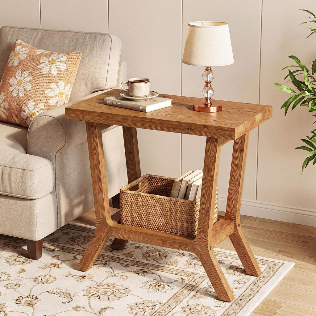 Solid Wood End Table, Small Wooden Side Table with 2-Tier Storage, Narrow Rustic Bedside Nightstand for Living Room, Bedroom, Small Places, Brown (2PCS)