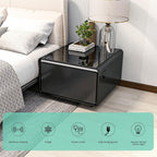 Modern Smart Side Table with Built-in Fridge Drawer (37-46°F), 15W Wireless Charging Nightstand, End Table with 2 Power Outlets, USB/Type-C Ports, Induction Light for Bedroom/Living Room, (Black)