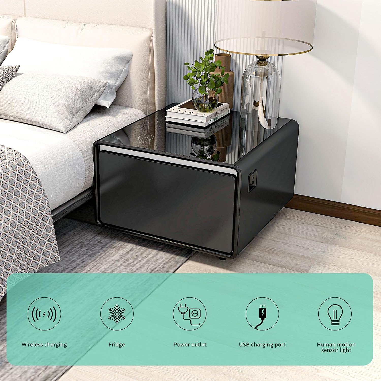 Modern Smart Side Table with Built-in Fridge Drawer (37-46°F), 15W Wireless Charging Nightstand, End Table with 2 Power Outlets, USB/Type-C Ports, Induction Light for Bedroom/Living Room, (Black)