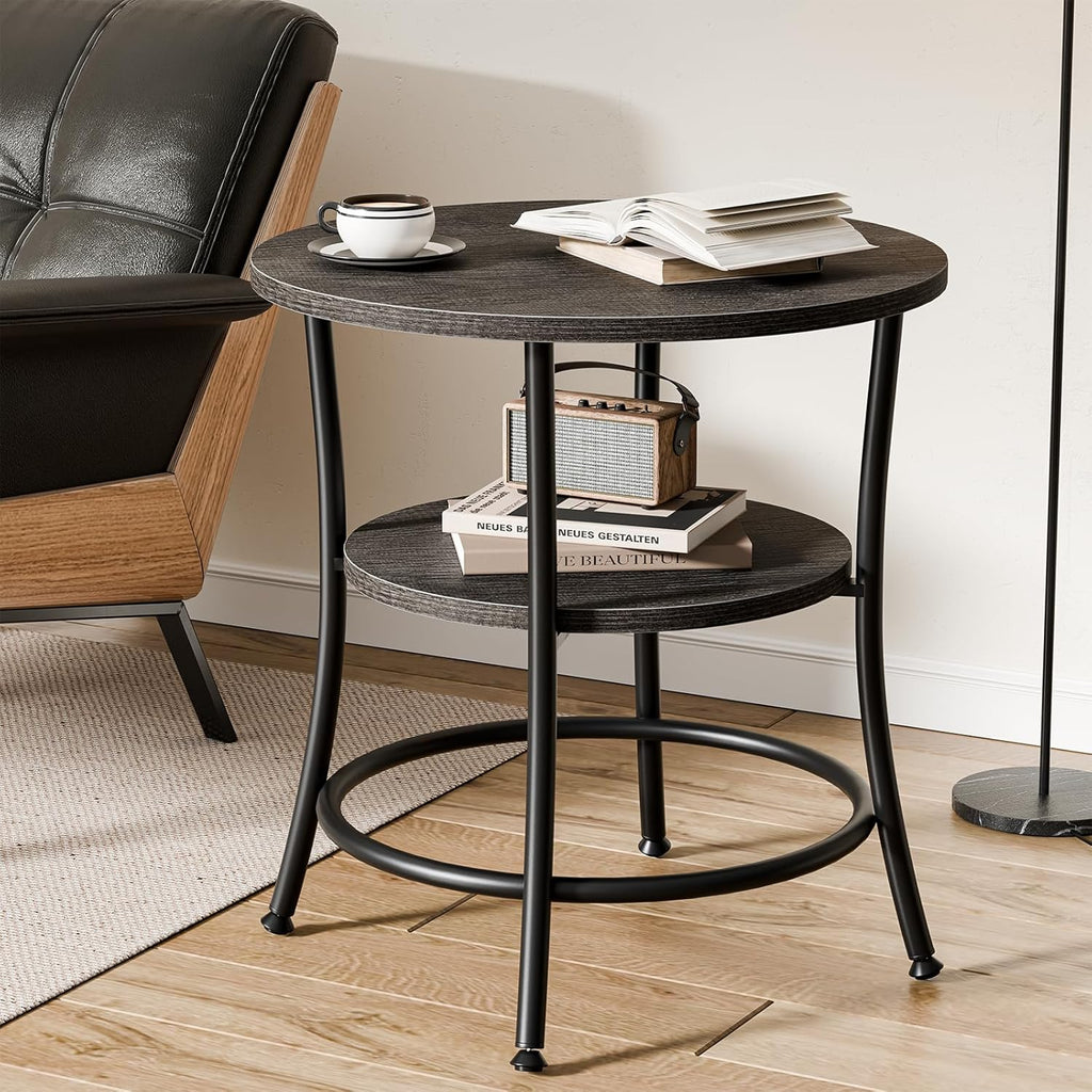 OLIXIS 21.85-Inch Round End Table, 2-Tier Side Round Table for Living Room, Accent Table with Storage Shelf, Sturdy Metal Frame Nightstand for Small Space, Round Bedside, Grey Wood Grain