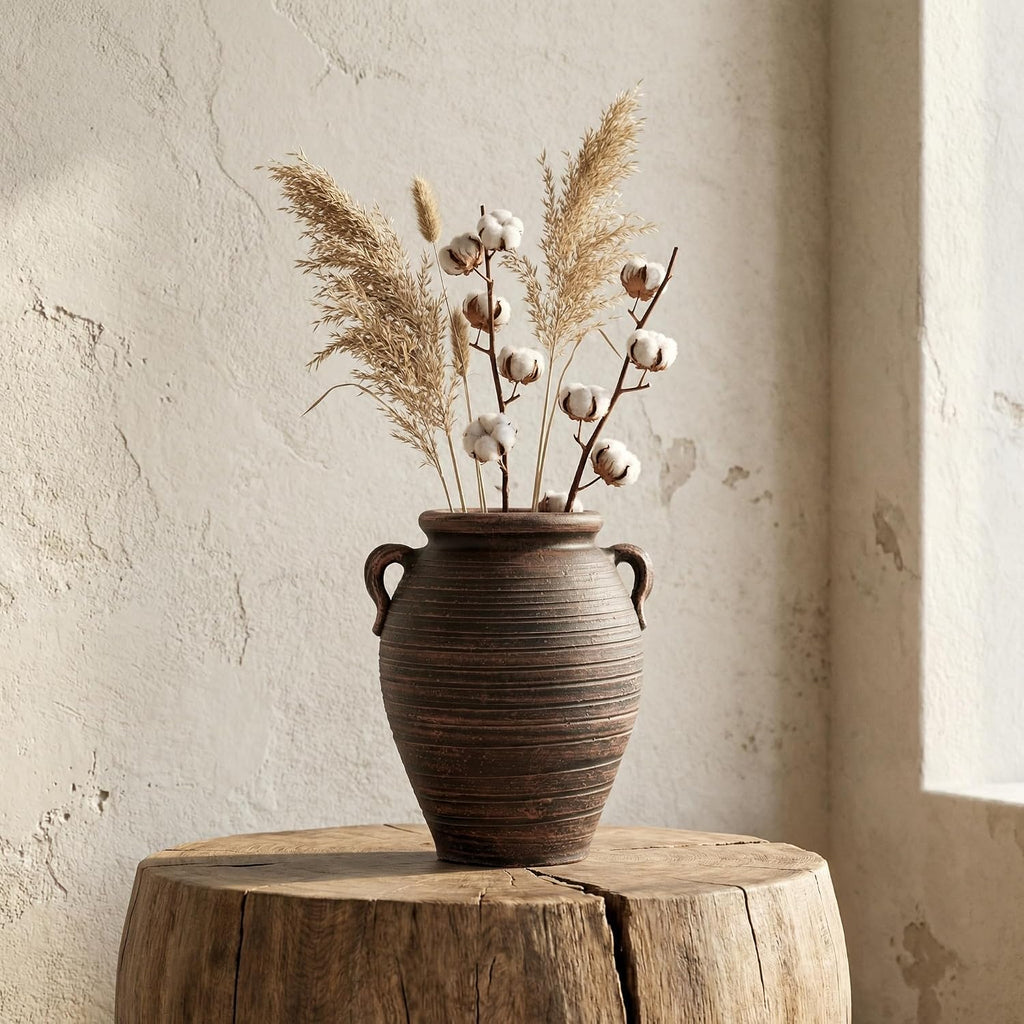 Vintage Terracotta Vase with Dual Handles, Rustic Distressed Ceramic Vase, Large Textured Pottery for Boho Farmhouse Decor, Table Centerpiece,Dried Floral Arrangements