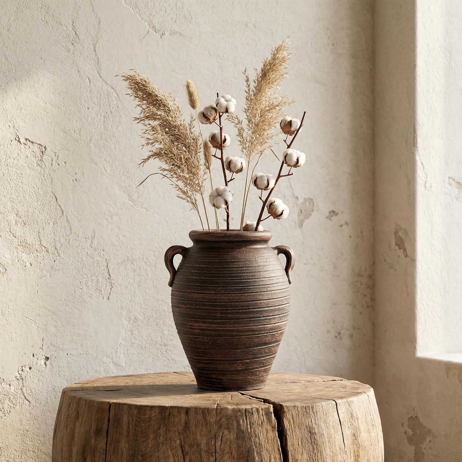 Vintage Terracotta Vase with Dual Handles, Rustic Distressed Ceramic Vase, Large Textured Pottery for Boho Farmhouse Decor, Table Centerpiece,Dried Floral Arrangements