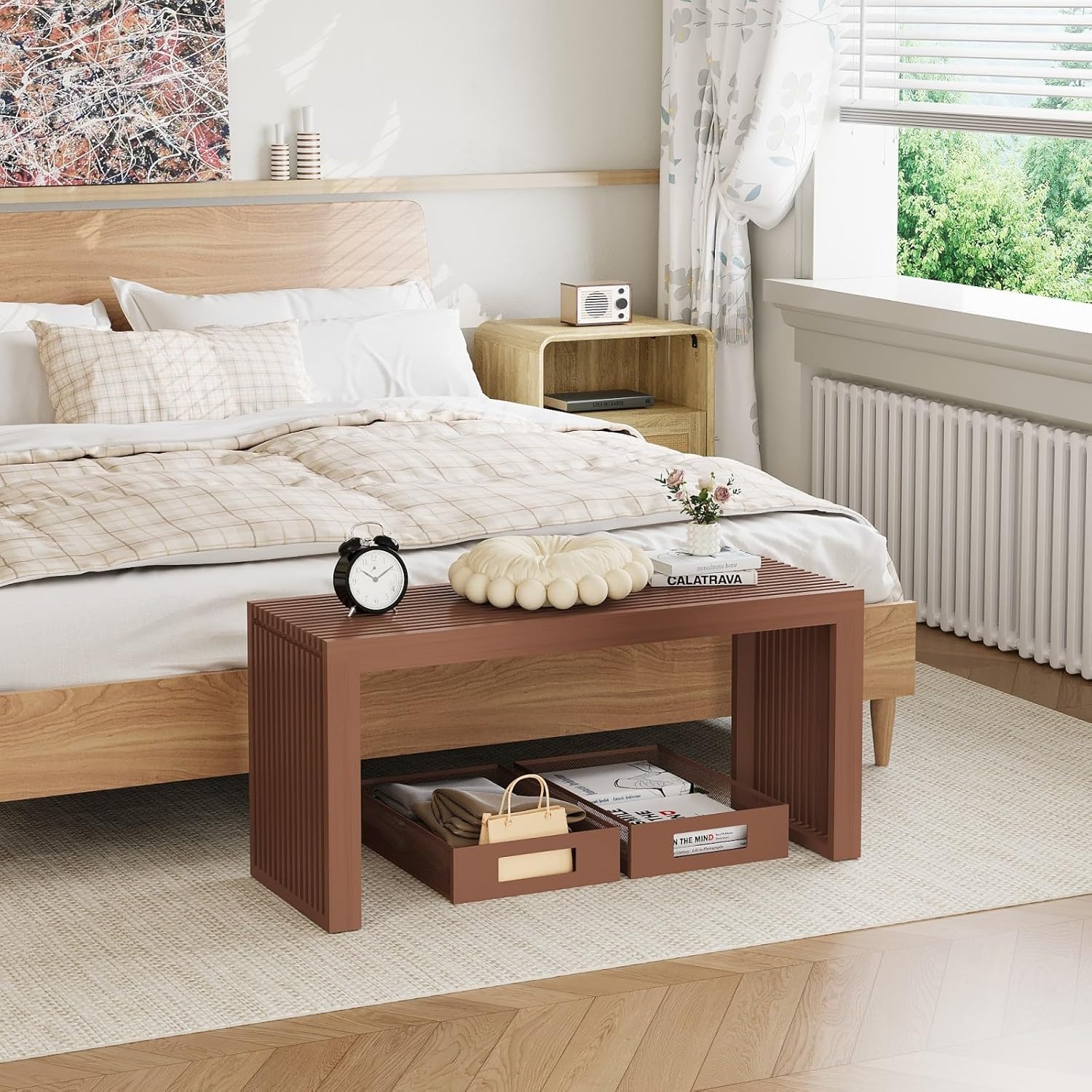 Bamboo Indoor Long Dining Bench, Outdoor Modern Wood Benches 35 Inch Bamboo Bench for Living Room Hallway Bedroom Bathroom