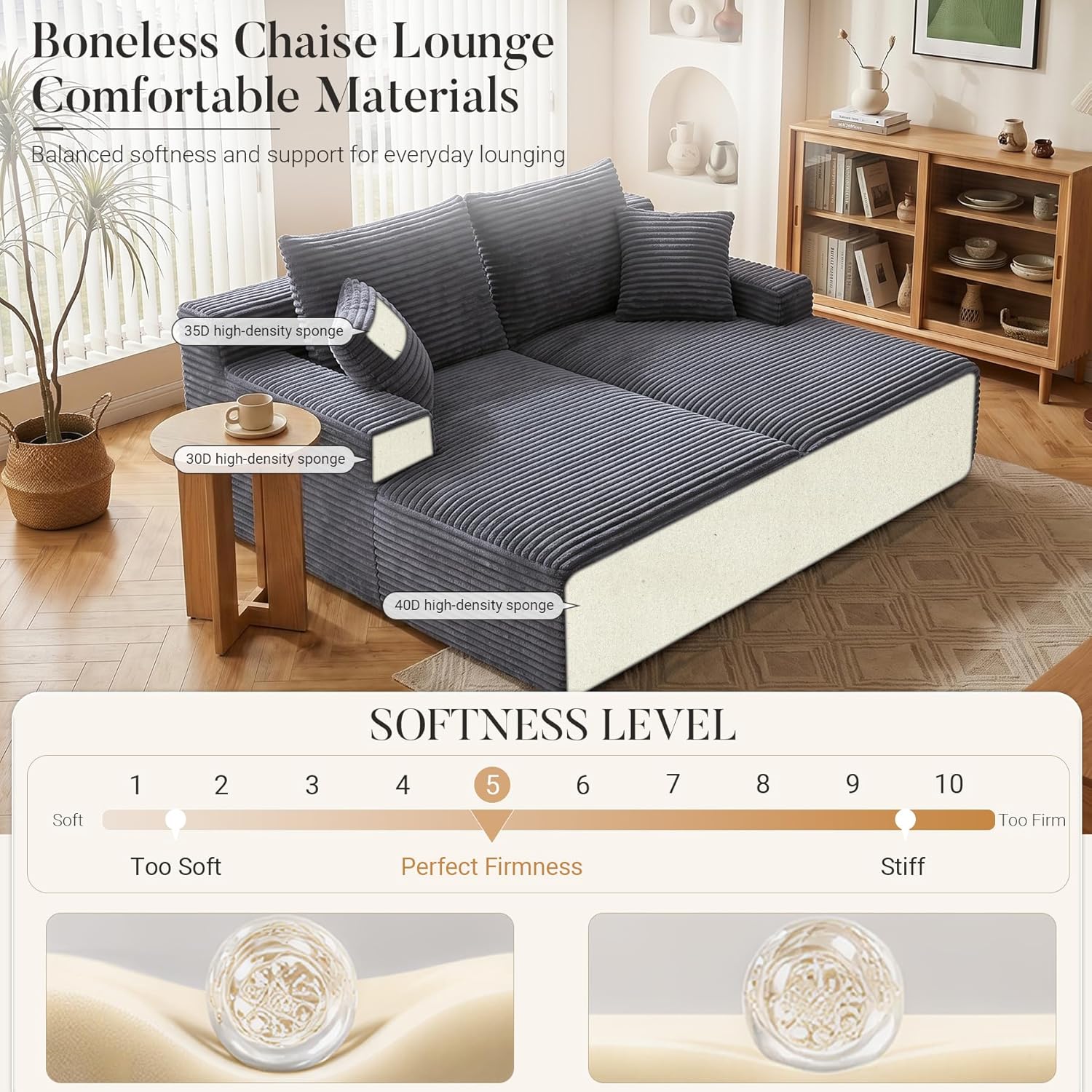 80" Boneless Chaise Lounge Chair Indoor, Double Chaise Lounge Chairs Indoor,Boneless Loveseat Chairs with Comfort Corduroy, No Assembly Required/40D Memory Foam/Living Room/Bedroom (Grey)