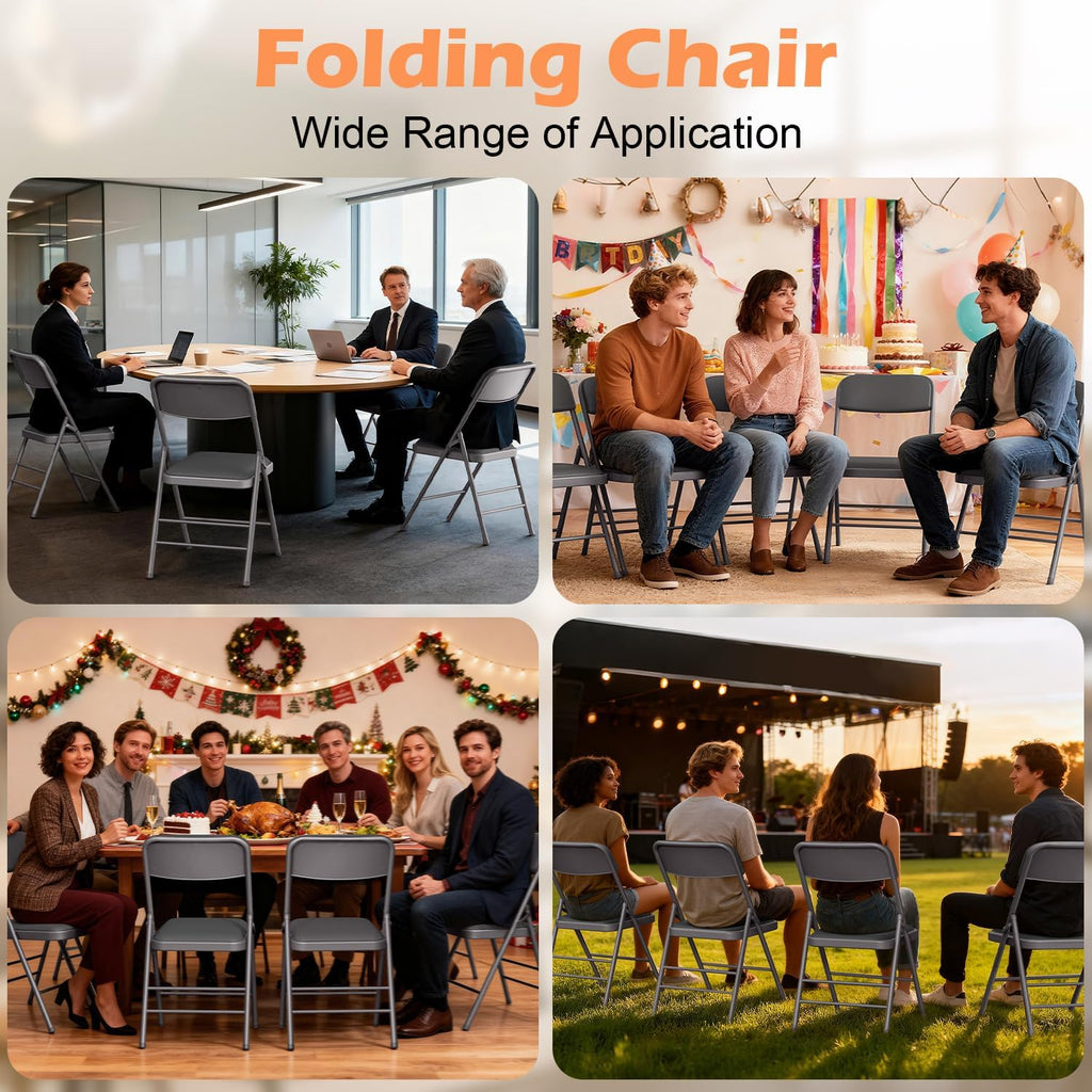 VTOY Commercial Grade Folding Chair with Padded Fabric Cushion（16"X16" |Double-hinged Legs Luxury Style|4.5kg Capacity Max Weight 150Kg for Home and Office,Indoor and Outdoor Events (2, PU-Gray)