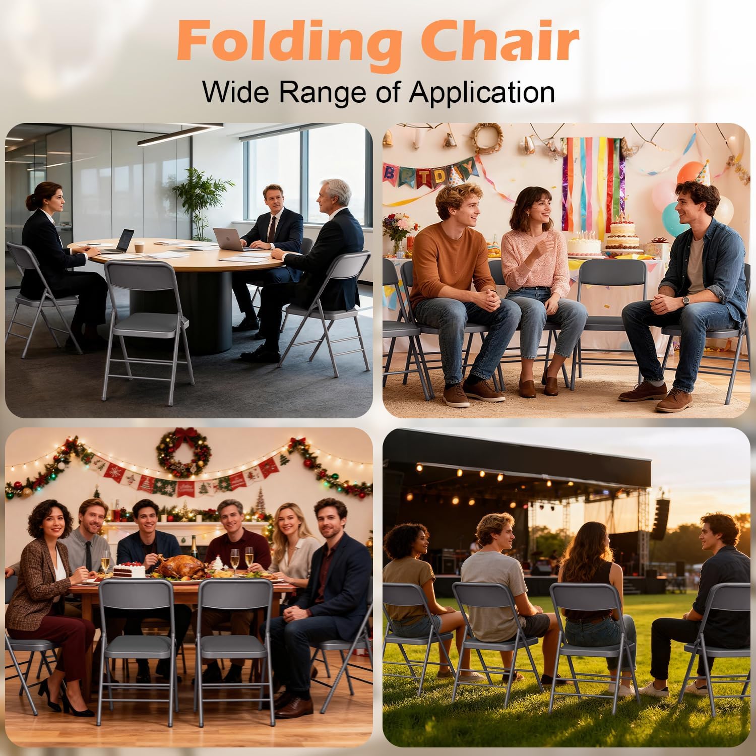 VTOY Commercial Grade Folding Chair with Padded Fabric Cushion（16"X16" |Double-hinged Legs Luxury Style|4.5kg Capacity Max Weight 150Kg for Home and Office,Indoor and Outdoor Events (2, PU-Gray)