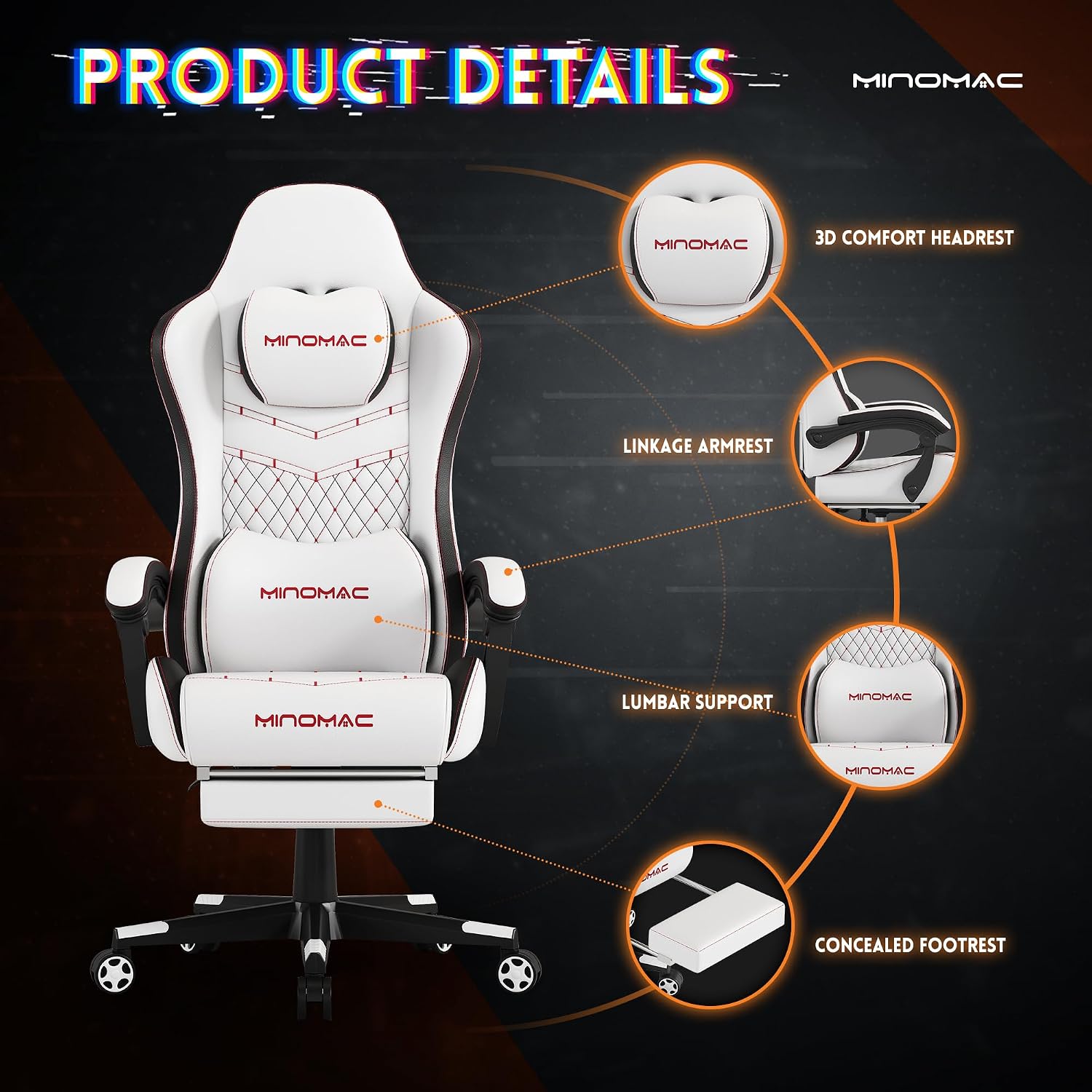 Gaming Chair,Big and Tall Gaming Chair 400lbs Office Chair with Footrest, 90-155° Recline & Removable Headrest Lumbar Support[Spring + 4D Sponge] (White)