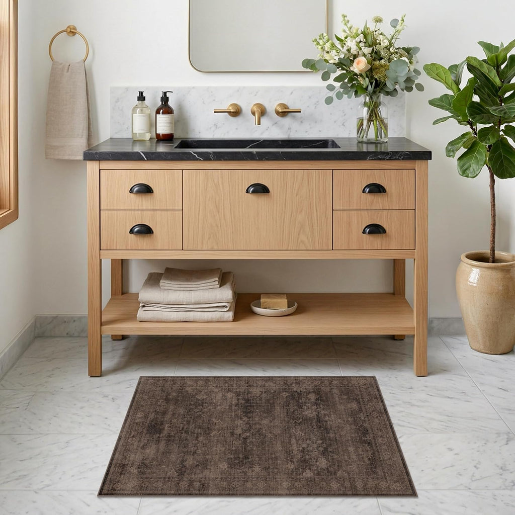 Washable 2x3 Entry Rug for Entryway, Kitchen, Low Pile Anti-Slip Stain Resistant Front Door Mat, Dark Taupe Brown Modern Farmhouse Neutral Distressed Geometric Throw Area Rug for Bathroom
