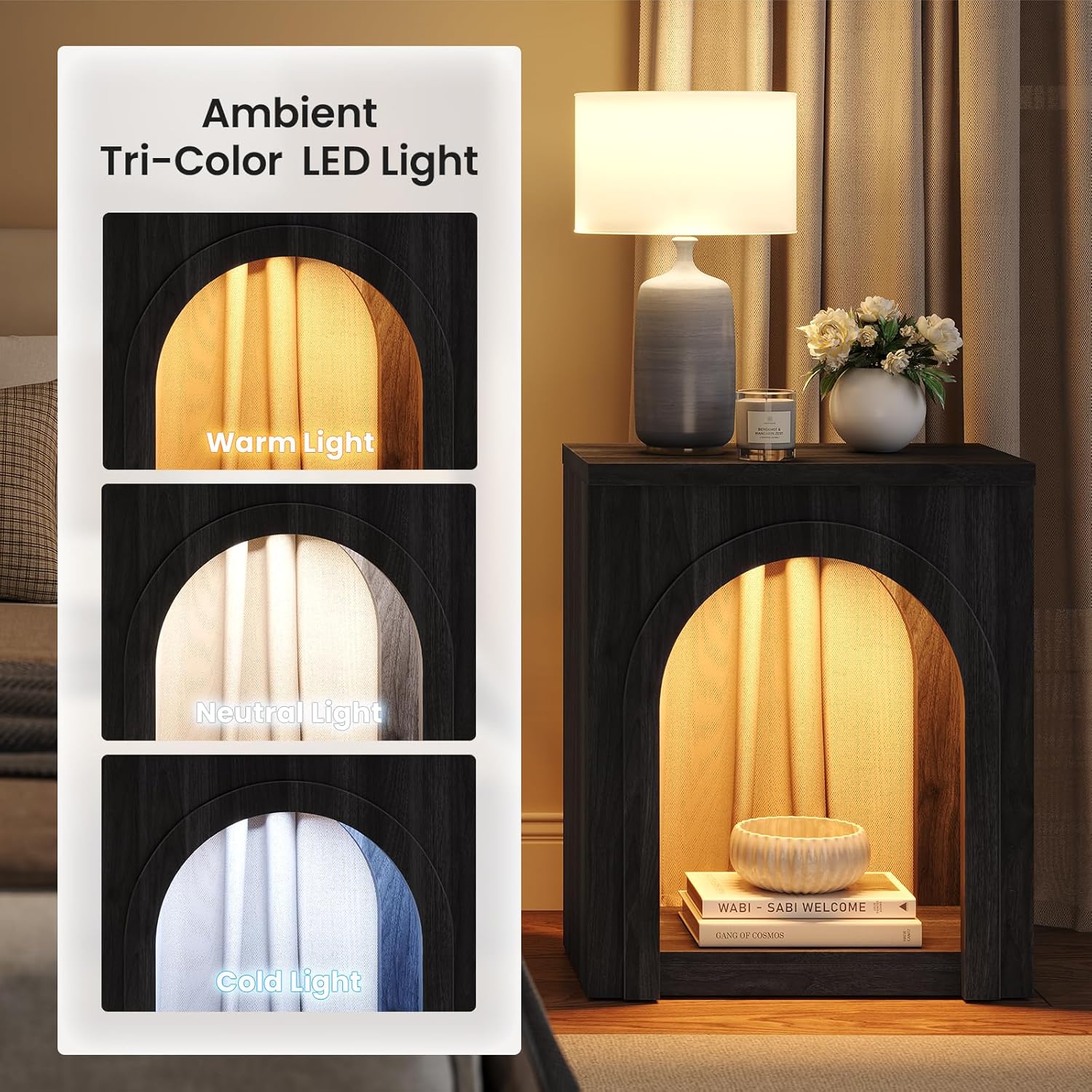 Sikaic Arched End Table Set of 2 with LED Lights, Modern NightStand with Arch Open Shelf, Sofa Side Table for Bedroom, Easy Assembly, Black