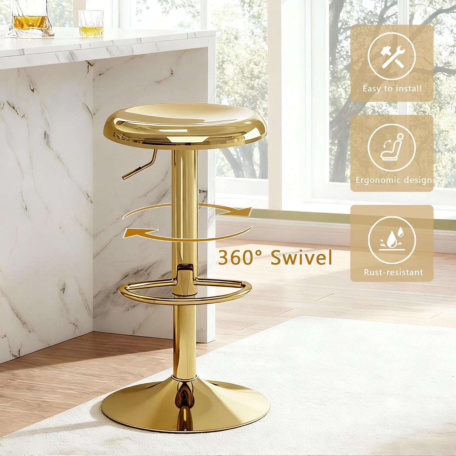 CAROLMADE Bar Stools Set of 2, Adjustable Metal Bar stools Swivel Counter Height Stool, Backless Barstools for Kitchen Island Pub, Gold