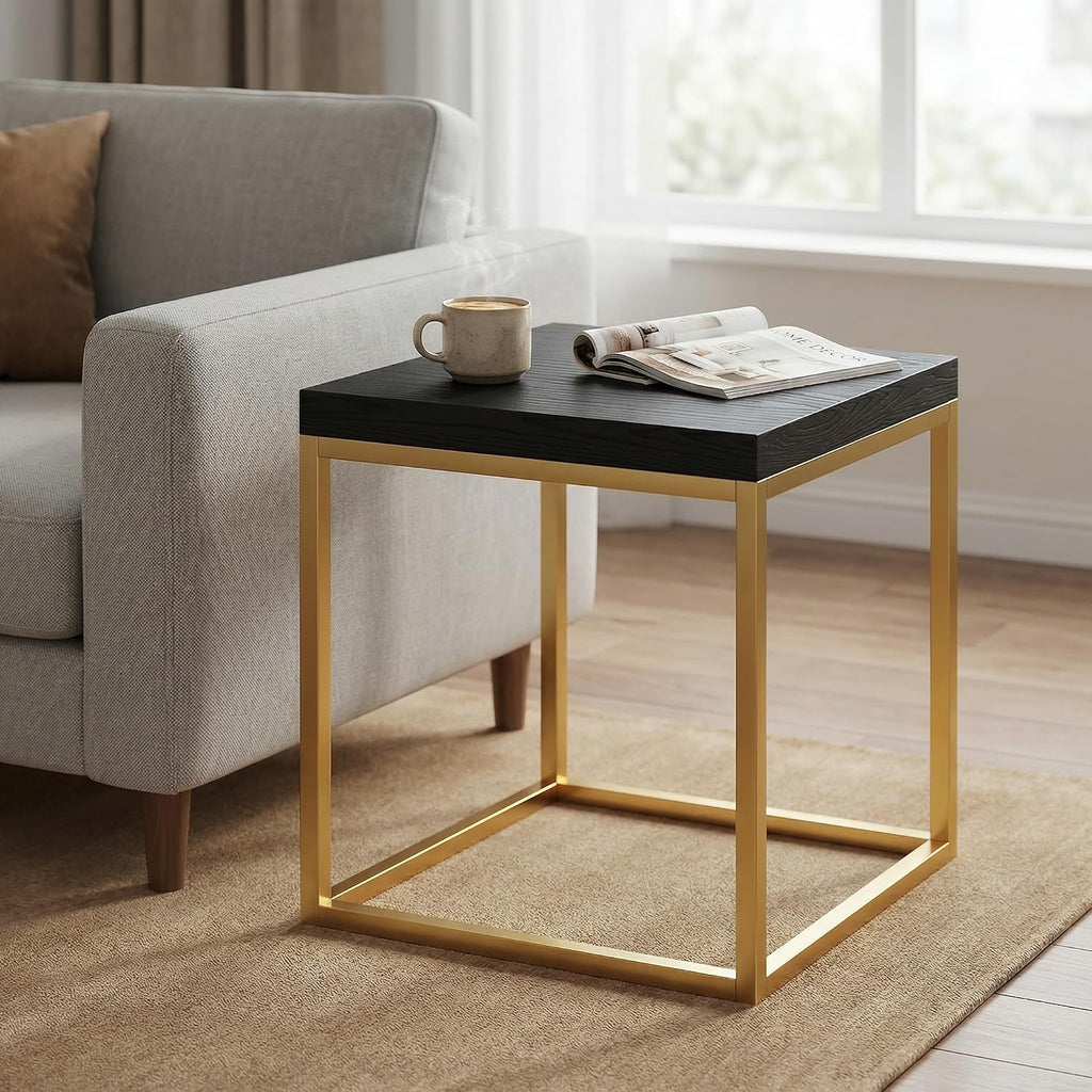 CENSI Modern Square End Table/Side Table, 18", Gold and Black | Extra Thick 1.6" Wood Top, Metal Frame, Industrial Nightstand, Black Oak Finish