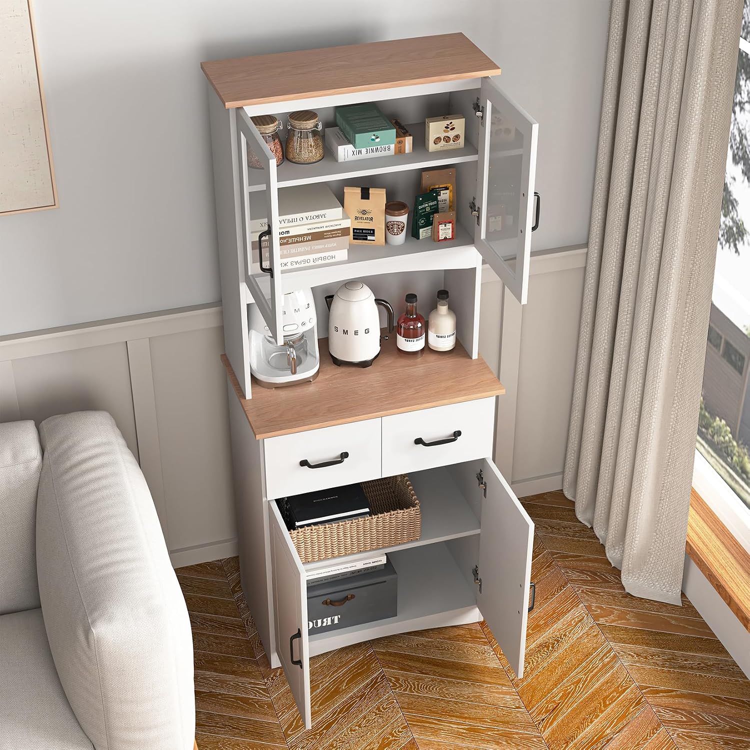 Kitchen Pantry Cabinet with Glass Doors, 66.93" Tall Kitchen Hutch Bar Cabinet with Microwave Stand Farmhouse Wood Storage Cabinet with 2 Drawers and Shelves Cupboard for Dining Room, 66.93" H