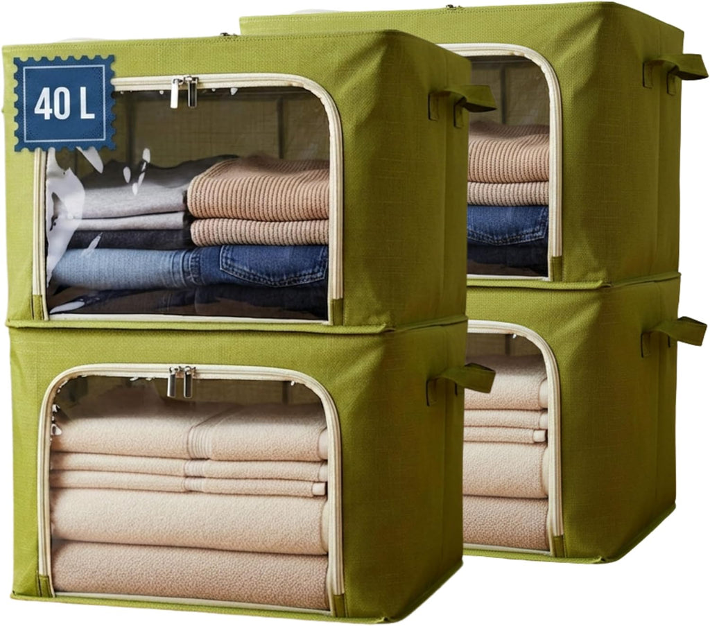 Closet Storage Bins - 3 Openings Clothes Cube Storage Bin with METAL FRAME (Green, 40L, 4 Units) - bed sheet organizer - blankets - bedsheet organizers - closet -sweater - hoodie - shoe