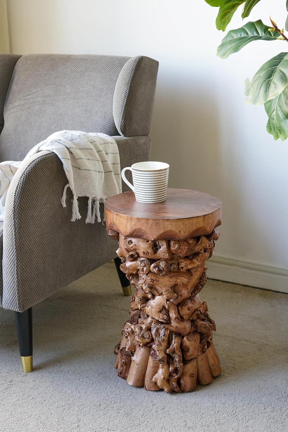 WILLIAMSPACE 11.8" Solid Wood Side Table with Organic Tree Root Base, Modern Mulberry and Paulownia Wood Accent Table End Table, Tree Stump Garden Stool, No Assembly, 18.9" H, Brown