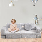 Kids Couch Sofa 12 Pcs Modular Star Glow in The Dark, Convertible Fold Out Foam Couch for Boys and Girls, Playroom Bedroom Furniture, Grey