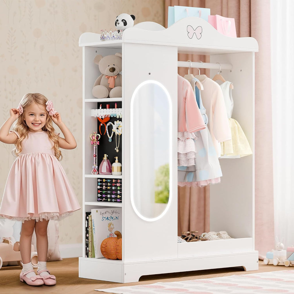Xilingol Kids Armoire Dress Up Storage with Full-Length Mirror and Light, Kids Wardrobe Closet with Jewelry Cabinet and Storage Shelves, Open Hanging Armoire Costume Organizer for Bedroom (White)