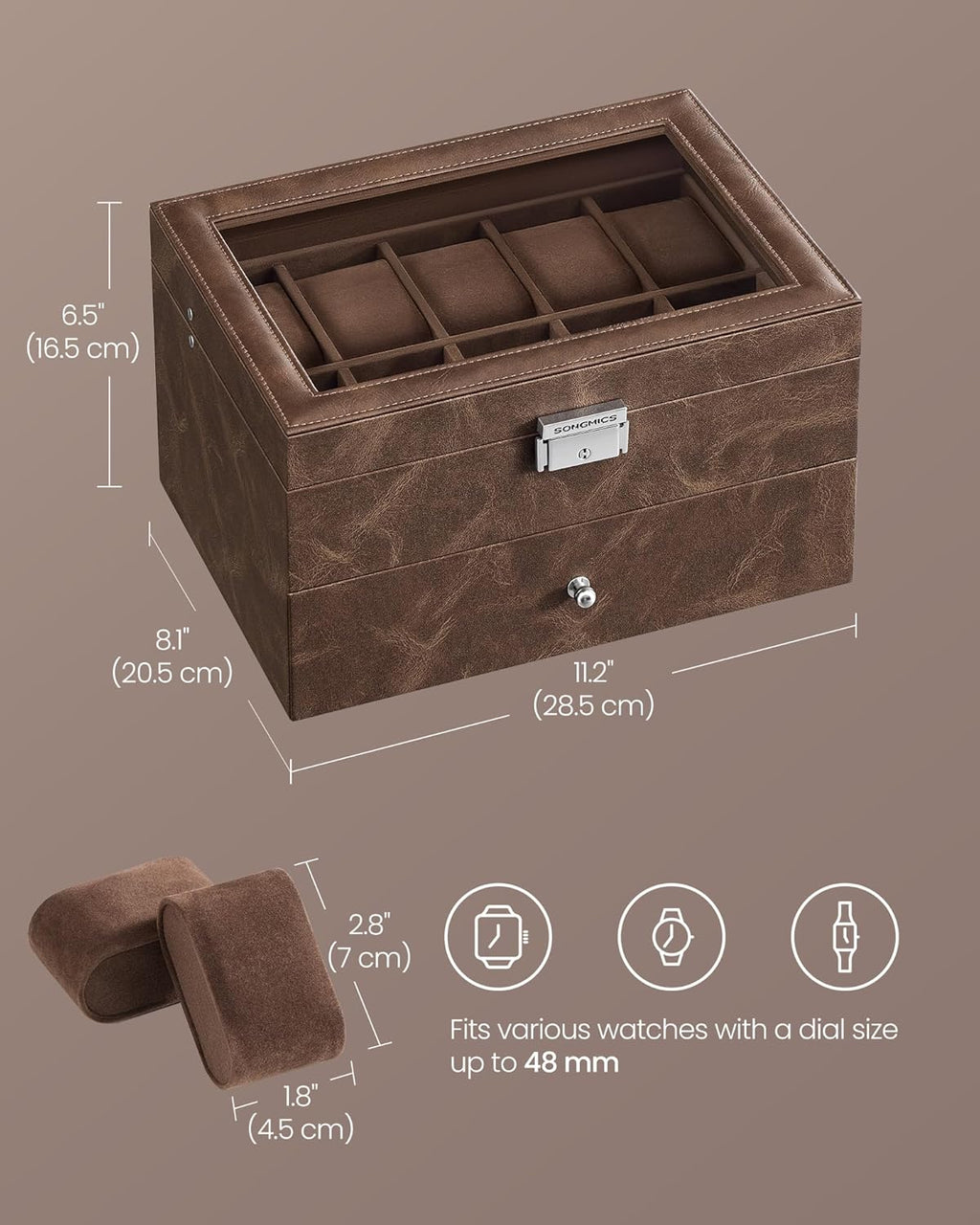 SONGMICS Watch Box, 20-Slot Watch Case Organizer with Large Glass Lid, Removable Pillows, Metal Lock, Fathers Day Gift for Dad, Coffee Brown Synthetic Leather, Coffee Brown Lining UJWB020KZ02S