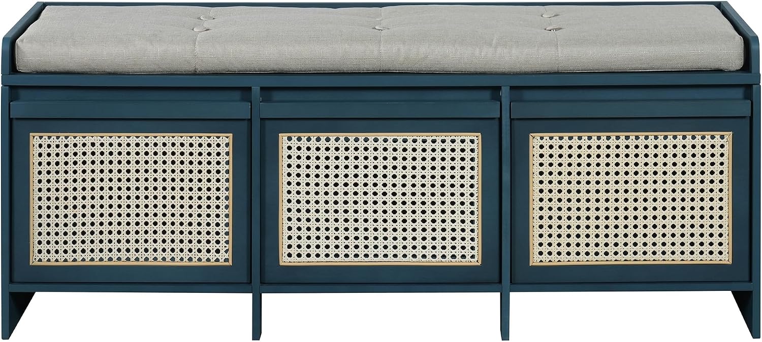 SOFTSEA 48" Shoe Storage Bench with Cushion, 2-Tier Entryway Bench with 3 Rattan Storage Drawers & Lift Top Storage, Retro Shoe Cabinet for Hallway, Bedroom, Living Room, Navy